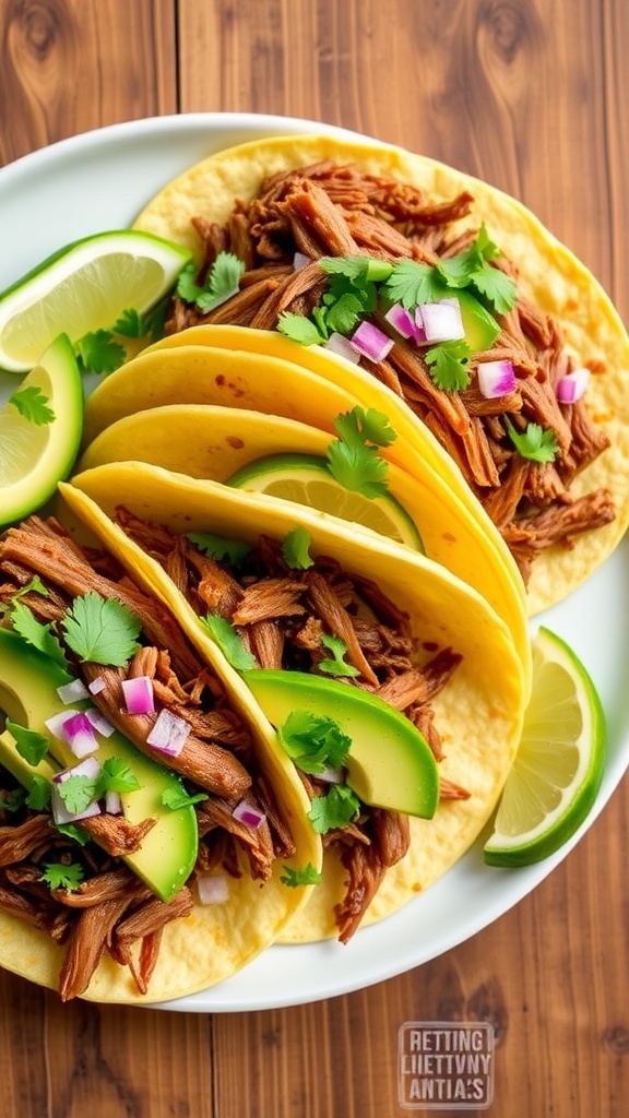 Duck confit tacos with avocado, cilantro, and lime on a rustic wooden table.